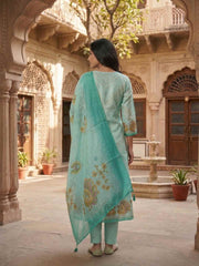Women Animal Printed Sequinned Linen Kurta with Trousers & With Dupatta