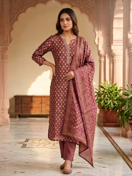 Women Ethnic Motifs Printed Regular Chanderi Cotton Kurta with Trousers & With Dupatta