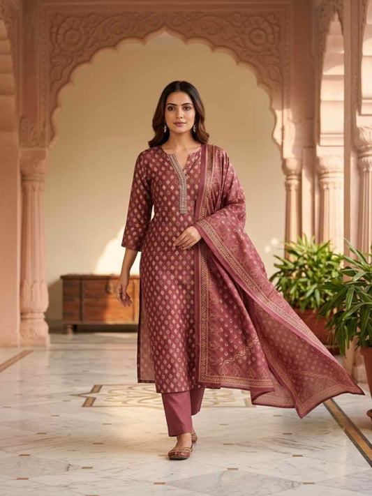 Women Ethnic Motifs Printed Regular Chanderi Cotton Kurta with Trousers & With Dupatta