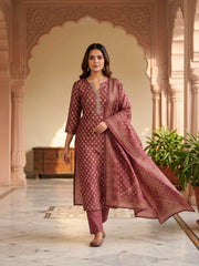 Women Ethnic Motifs Printed Regular Chanderi Cotton Kurta with Trousers & With Dupatta