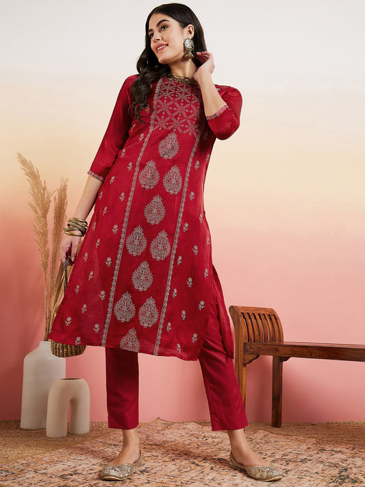 Maroon Foil Printed Regular Kurta With Trousers