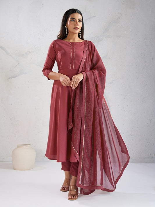 Women Solid A-Line Kurta with Trousers & Dupatta