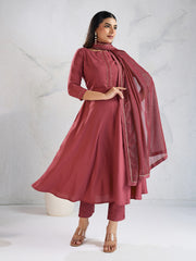Women Solid A-Line Kurta with Trousers & Dupatta