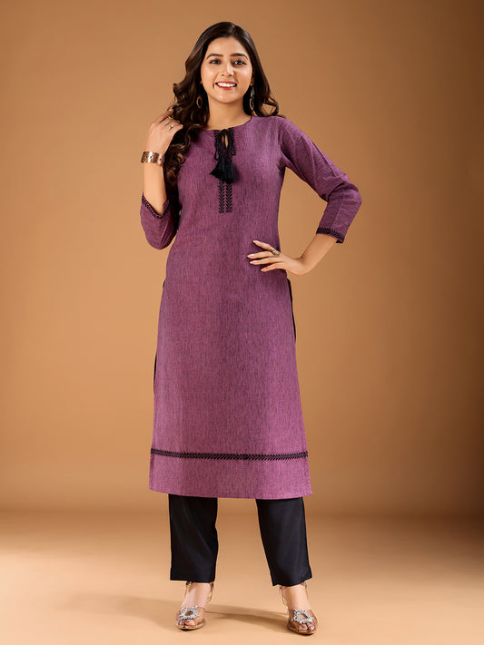 Tie-Up Neck Thread Work Straight Kurta