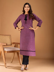 Tie-Up Neck Thread Work Straight Kurta