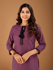 Tie-Up Neck Thread Work Straight Kurta