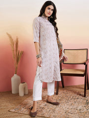 Pink Women Ethnic Motifs Printed Thread Work Kurta