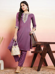Purple Floral Yoke Design Thread Work Kurta With Trousers