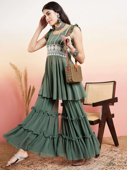 Floral Embroidered Thread Work A-Line Kurta With Sharara