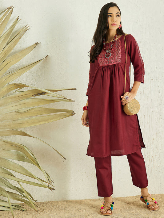 Maroon Ethnic Motifs Yoke Design Pleated Kurta with Trousers