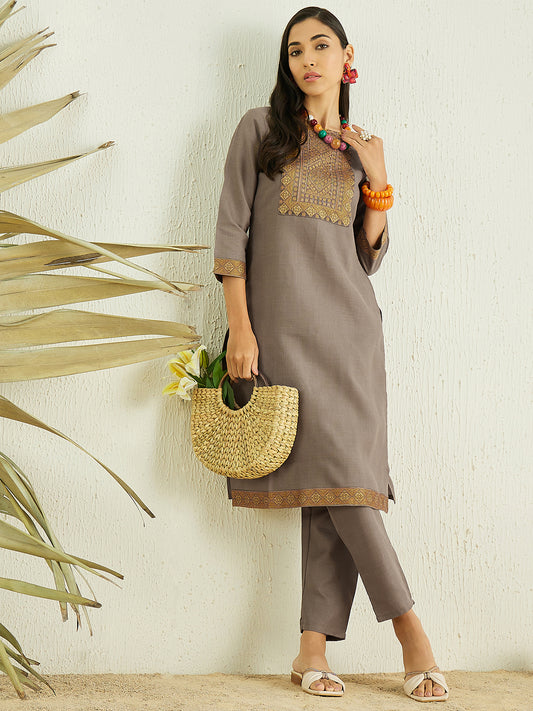 Taupe Ethnic Motifs Yoke Design Straight Thread Work Kurta with Trousers