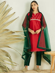 Red Straight Gotta Patti Chanderi Cotton Kurta with Palazzos & Dupatta