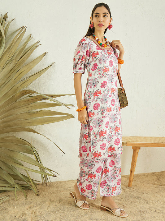 Off White Floral Printed Square Neck Puff Sleeves Regular Kurta with Palazzos