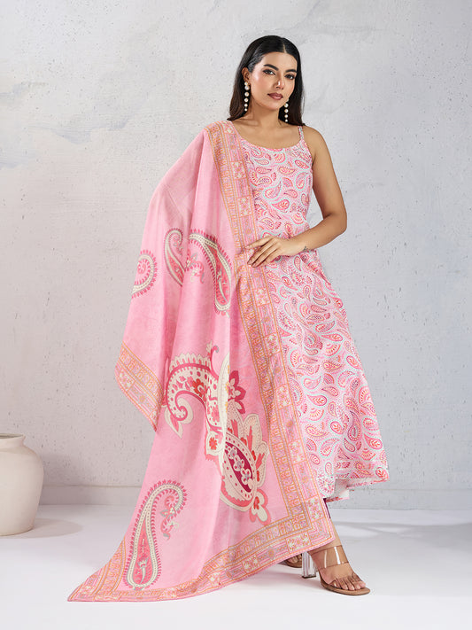 Paisley Printed A Line Gotta Patti Kurta With Trousers & With Dupatta