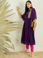 Violet And Pink Notched Neck Thread Work Pleated A-Line Kurta With Trousers
