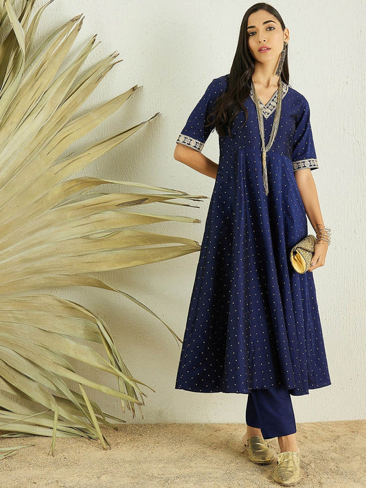 Navy Blue Women Striped Flared Sleeves Thread Work Anarkali Kurta
