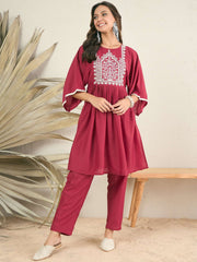 Floral Yoke Design Pleated Thread Work A-Line Kurta with Trousers
