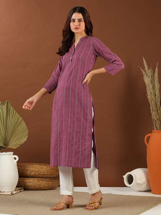 Women Striped Woven Design Straight Kurta