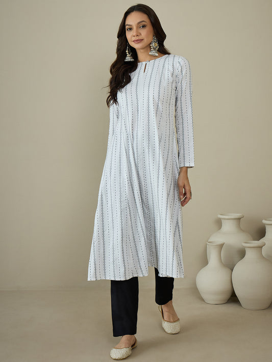 Woven Design Keyhole Neck Cotton A-Line Kurta
