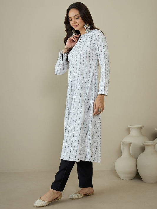 Woven Design Keyhole Neck Cotton A-Line Kurta