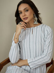 Woven Design Keyhole Neck Cotton A-Line Kurta