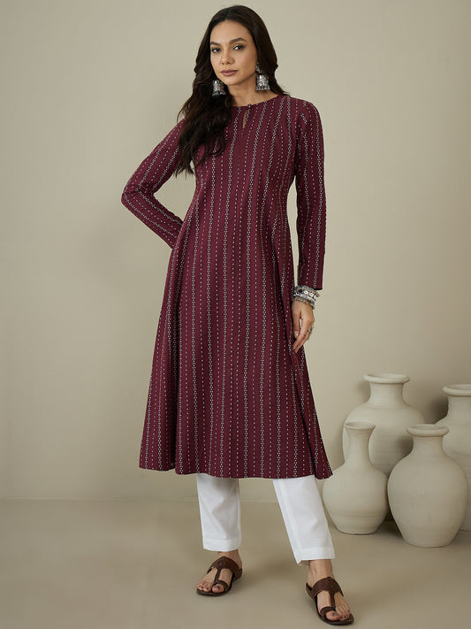 Woven Design Keyhole Neck Cotton A-Line Kurta