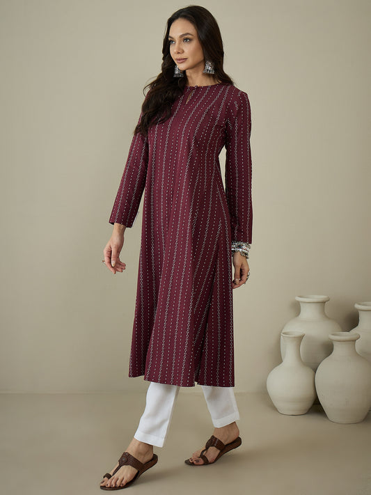 Woven Design Keyhole Neck Cotton A-Line Kurta