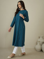 Woven Design Keyhole Neck Cotton A-Line Kurta