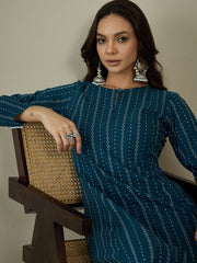 Woven Design Keyhole Neck Cotton A-Line Kurta