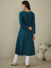 Woven Design Keyhole Neck Cotton A-Line Kurta