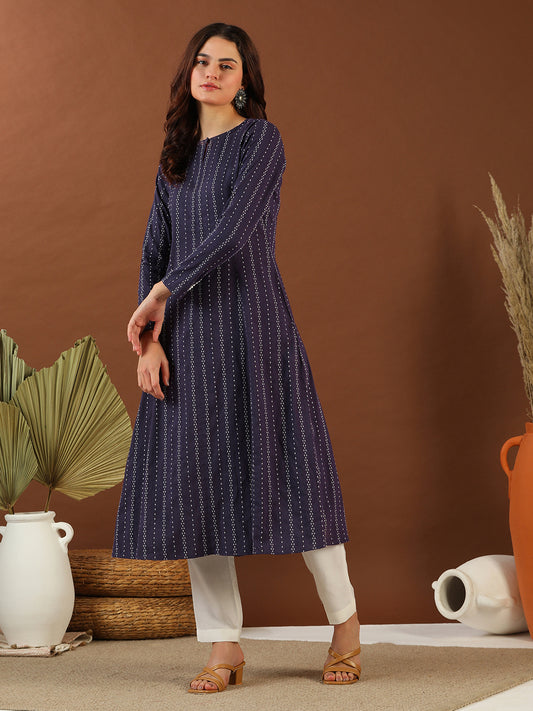 Woven Design Keyhole Neck Cotton A-Line Kurta