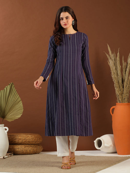 Woven Design Keyhole Neck Cotton A-Line Kurta