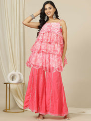 Floral Printed Layered Top With Gotta Detailed Shoulder Straps Tunic With Sharara