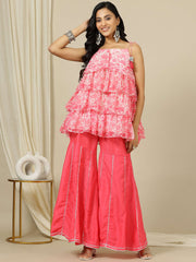 Women Floral Printed Layered Kurti with Sharara