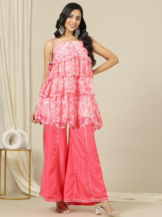 Floral Printed Layered Top With Gotta Detailed Shoulder Straps Tunic With Sharara