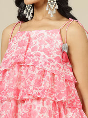 Floral Printed Layered Top With Gotta Detailed Shoulder Straps Tunic With Sharara