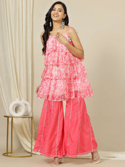 Floral Printed Layered Top With Gotta Detailed Shoulder Straps Tunic With Sharara