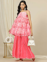 Floral Printed Layered Top With Gotta Detailed Shoulder Straps Tunic With Sharara