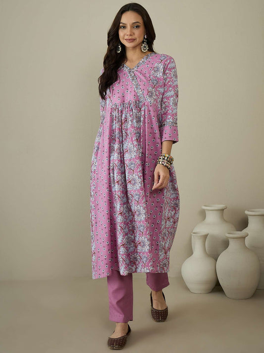 Women Floral Printed Angrakha Sequinned Kurta with Trousers