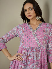 Women Floral Printed Angrakha Kurta with Trousers