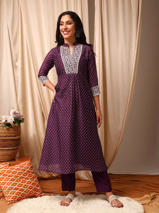 Bandhani Printed Mandarin Collar Thread Work A-Line Kurta