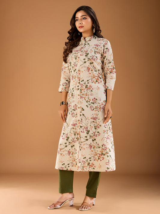 Women Floral Printed Button Detailed A-Line Kurta