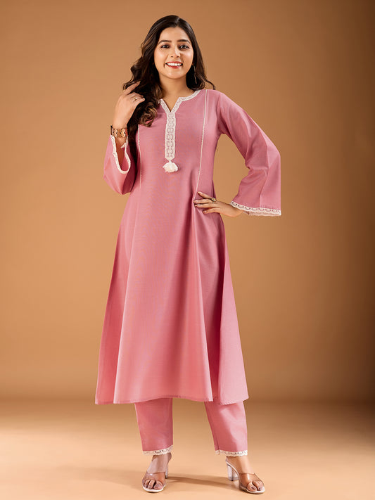 Floral Yoke Design Panelled Thread Work A-Line Kurta With Trousers