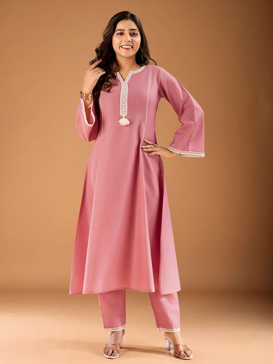 Floral Yoke Design Panelled Thread Work A-Line Kurta With Trousers