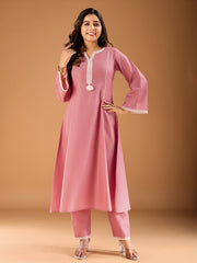 Floral Yoke Design Panelled Thread Work A-Line Kurta With Trousers