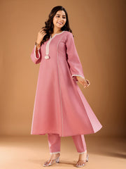 Floral Yoke Design Panelled Thread Work A-Line Kurta With Trousers