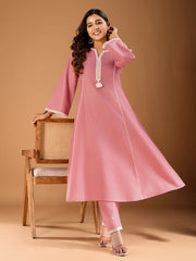 Floral Yoke Design Panelled Thread Work A-Line Kurta With Trousers