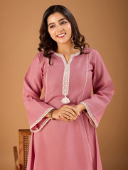 Floral Yoke Design Panelled Thread Work A-Line Kurta With Trousers