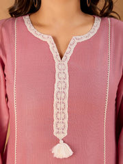 Floral Yoke Design Panelled Thread Work A-Line Kurta With Trousers