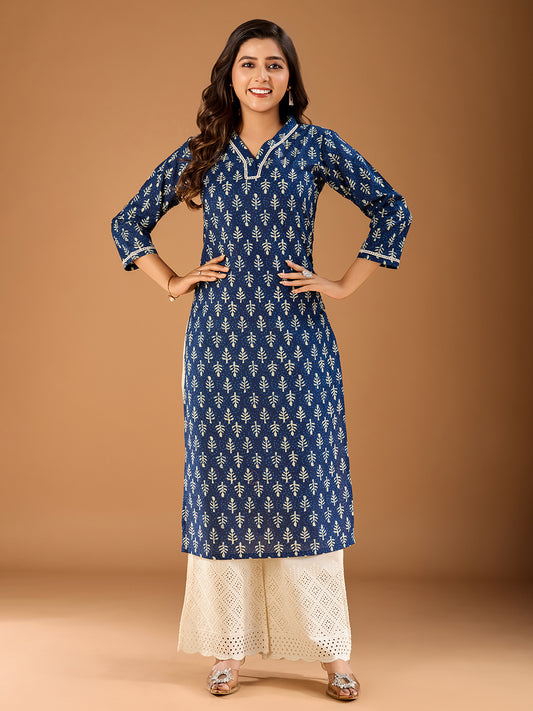 Ethnic Motifs Printed V-Neck Cotton Straight Kurta